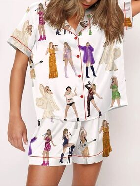 Women's White Button-Front Pajama Set with Performer Print Taylor Swift